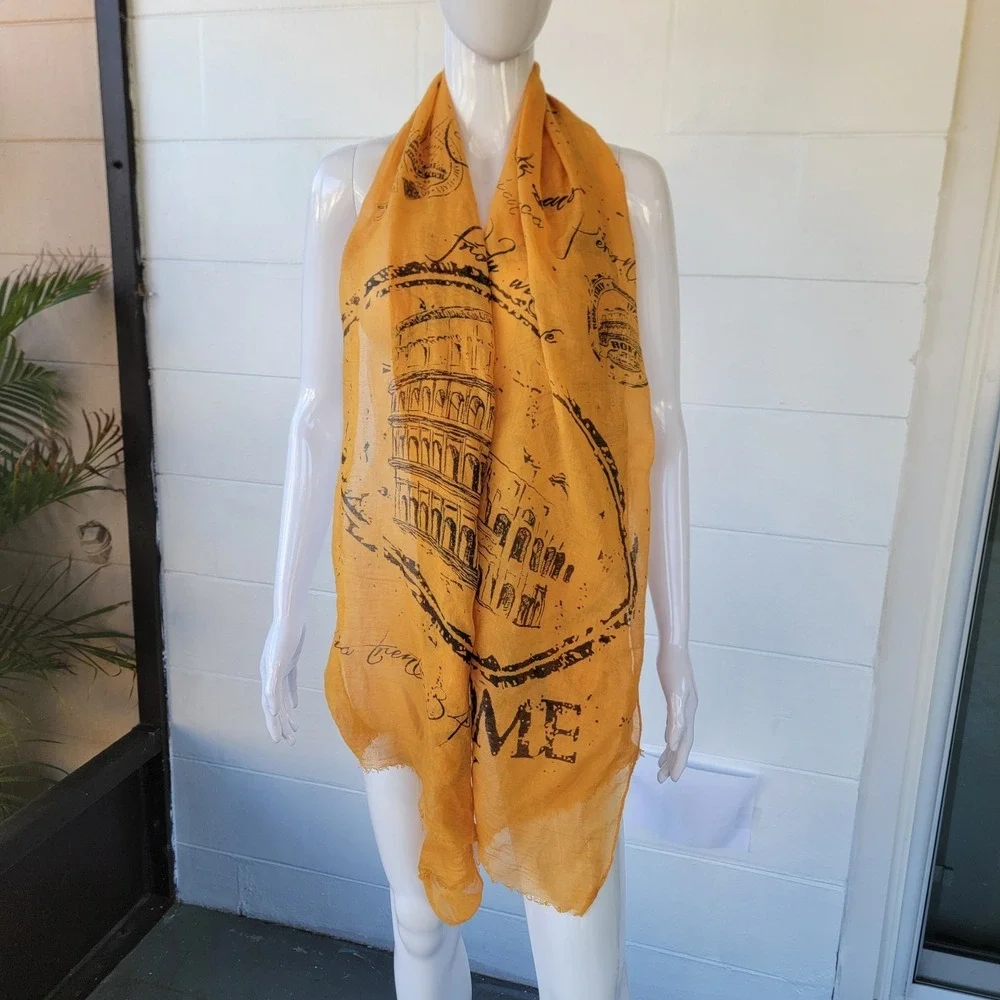 Rome Italy Themed Scarf Mustard Yellow Cotton Blend with a Sheer 70